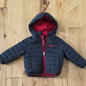 Nike Black and Red Puffer Jacket with Hood